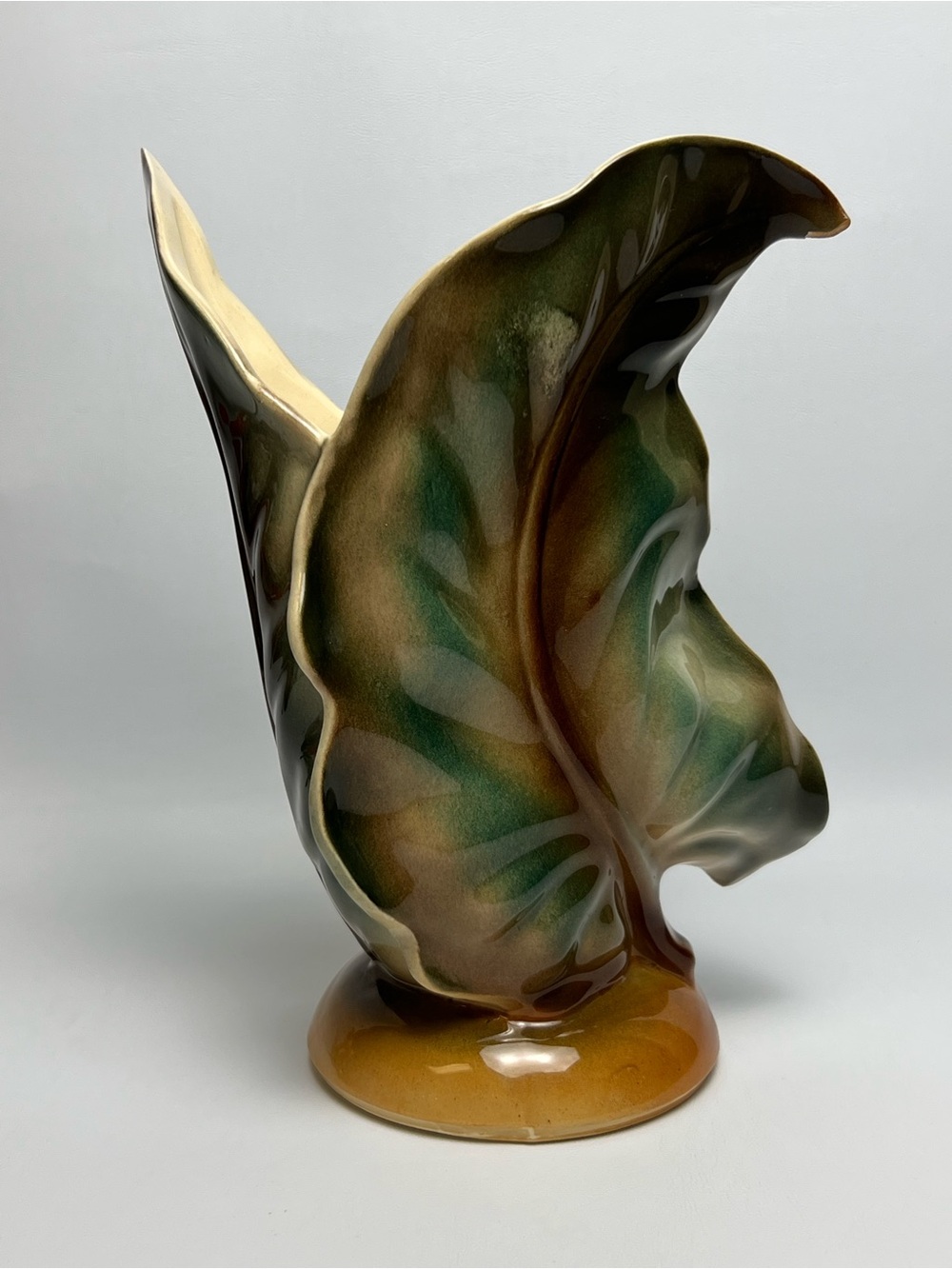 Vintage Shawnee 823 Pottery Banana Leaf Vase Teal Green Brown 1950s